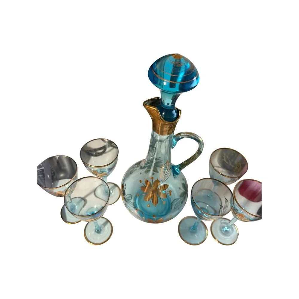 Vintage‎ Romanie Cristiro Decanter Set with 24k trip and 6 Cordial Glasses